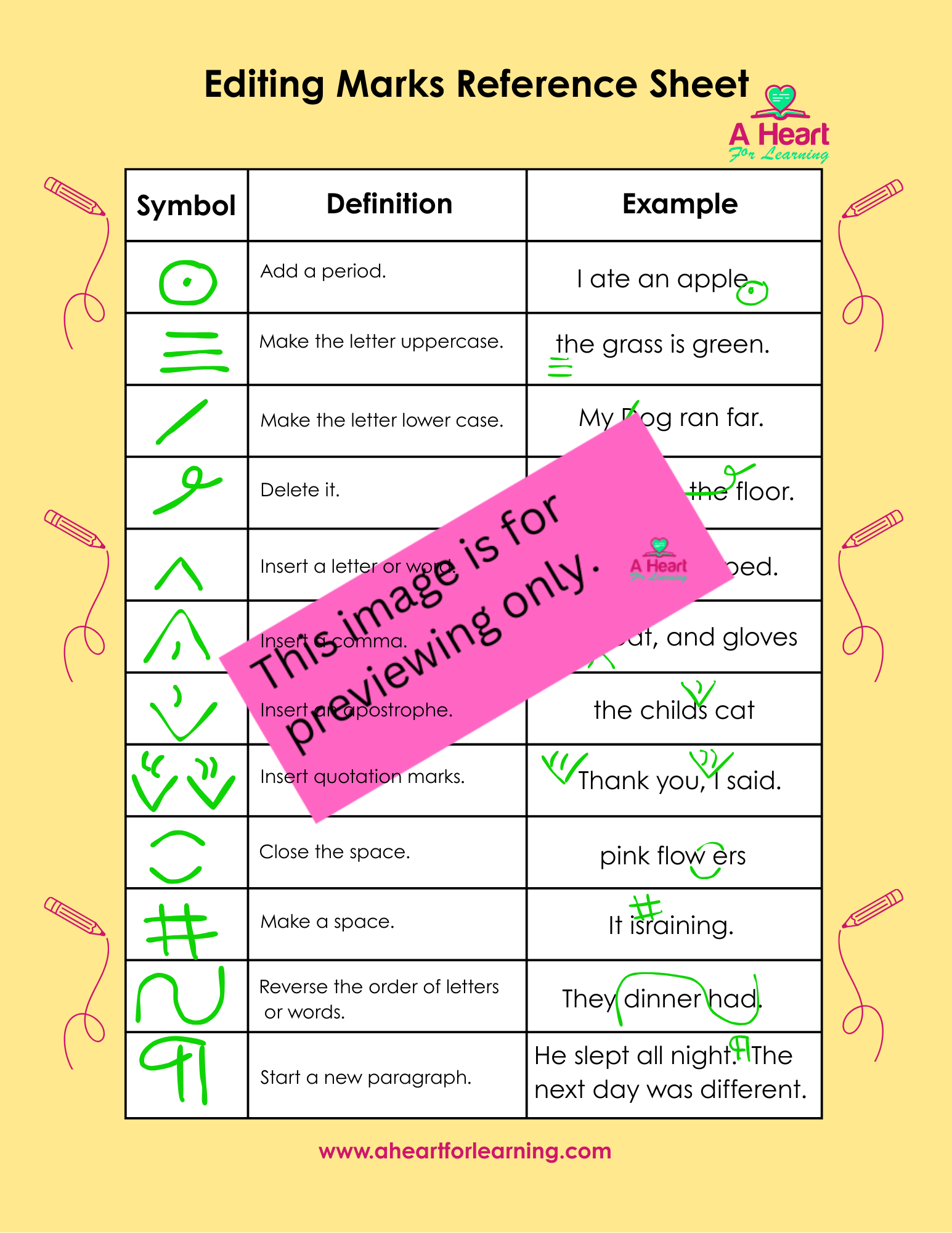 Editing Marks Reference Sheet
